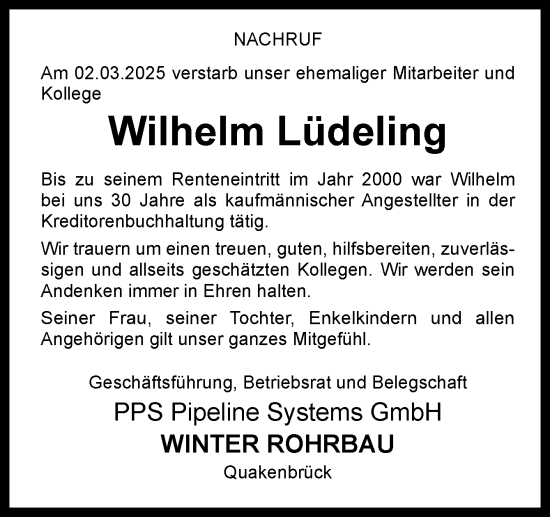 Traueranzeige von Wilhelm Lüdeling von Neue Osnabrücker Zeitung GmbH & Co. KG