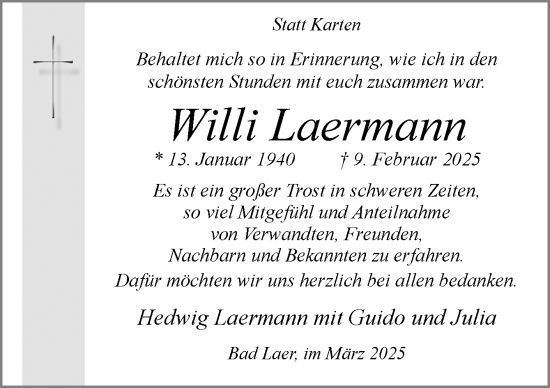 Traueranzeige von Willi Laermann von Neue Osnabrücker Zeitung GmbH & Co. KG