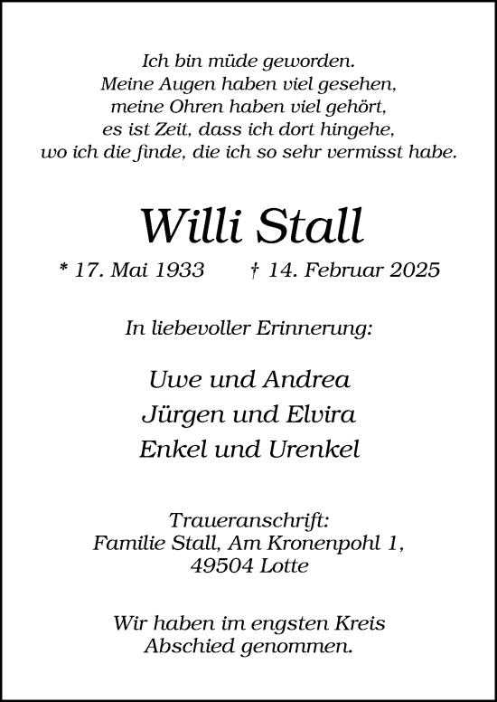 Traueranzeige von Willi Stall von Neue Osnabrücker Zeitung GmbH & Co. KG