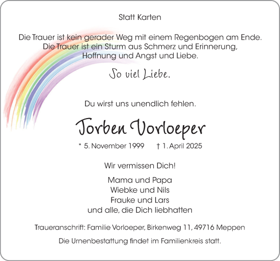 Traueranzeige von Torben Vorloeper von Neue Osnabrücker Zeitung GmbH & Co. KG