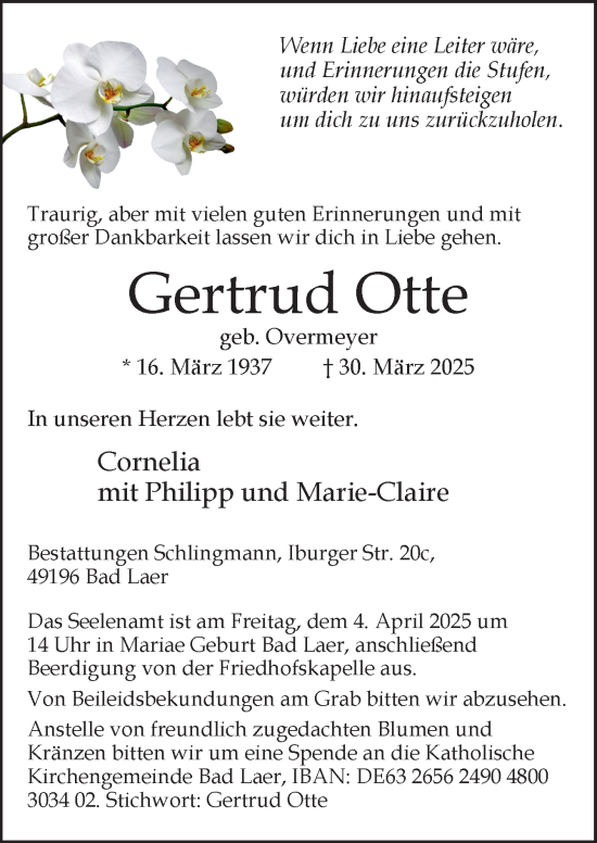 Traueranzeige von Gertrud Otte von Neue Osnabrücker Zeitung GmbH & Co. KG