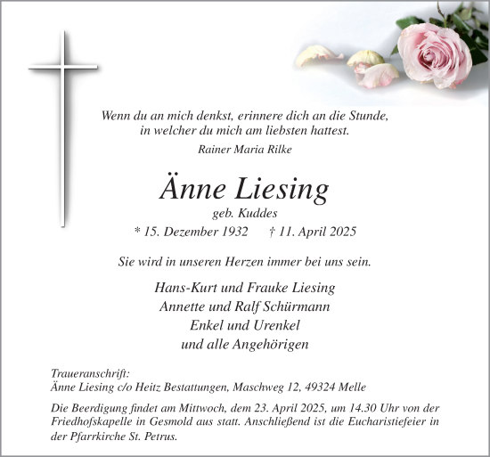 Traueranzeige von Änne Liesing von Neue Osnabrücker Zeitung GmbH & Co. KG