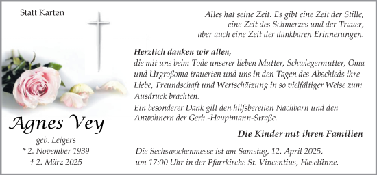 Traueranzeige von Agnes Vey von Neue Osnabrücker Zeitung GmbH & Co. KG