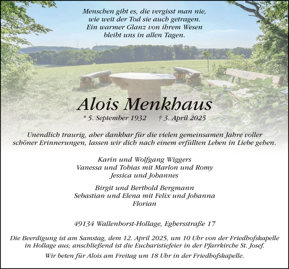  Traueranzeige für Alois Menkhaus vom 09.04.2025 aus Neue Osnabrücker Zeitung GmbH & Co. KG