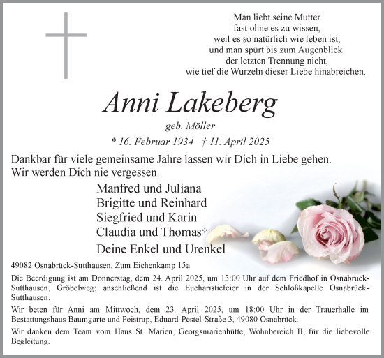Traueranzeige von Anni Lakeberg von Neue Osnabrücker Zeitung GmbH & Co. KG