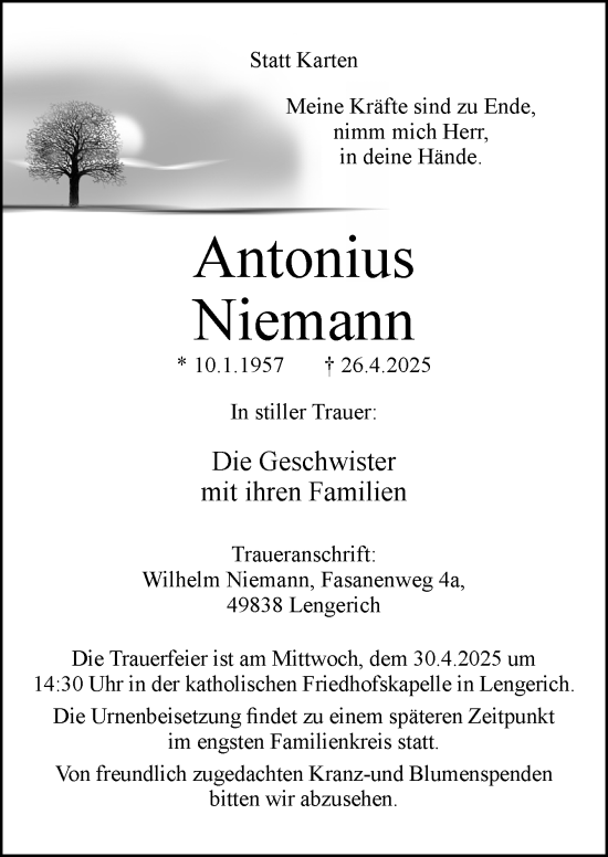 Traueranzeige von Antonius Niemann von Neue Osnabrücker Zeitung GmbH & Co. KG