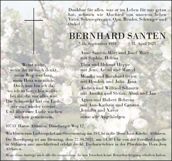 Traueranzeige von Bernhard Santen von Neue Osnabrücker Zeitung GmbH & Co. KG