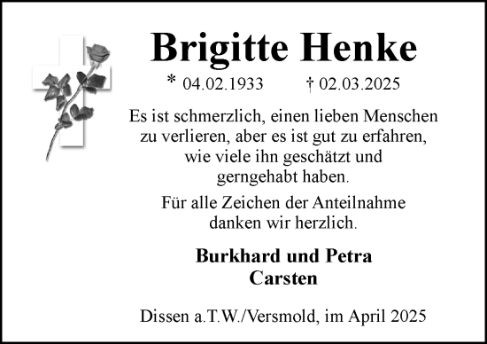 Traueranzeige von Brigitte Henke von Neue Osnabrücker Zeitung GmbH & Co. KG