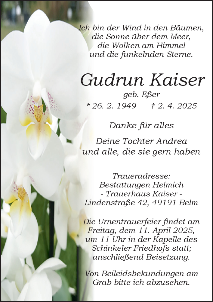  Traueranzeige für Gudrun Kaiser vom 05.04.2025 aus Neue Osnabrücker Zeitung GmbH & Co. KG