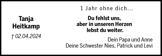 Traueranzeige von Tanja Heitkamp von Neue Osnabrücker Zeitung GmbH & Co. KG