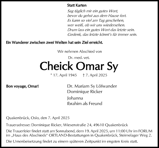 Traueranzeige von Cheick Omar Sy von Neue Osnabrücker Zeitung GmbH & Co. KG
