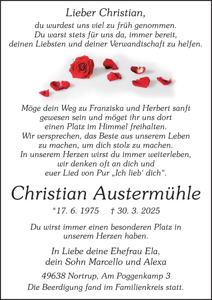 Traueranzeige für Christian Austermühle vom 10.04.2025 aus Neue Osnabrücker Zeitung GmbH & Co. KG