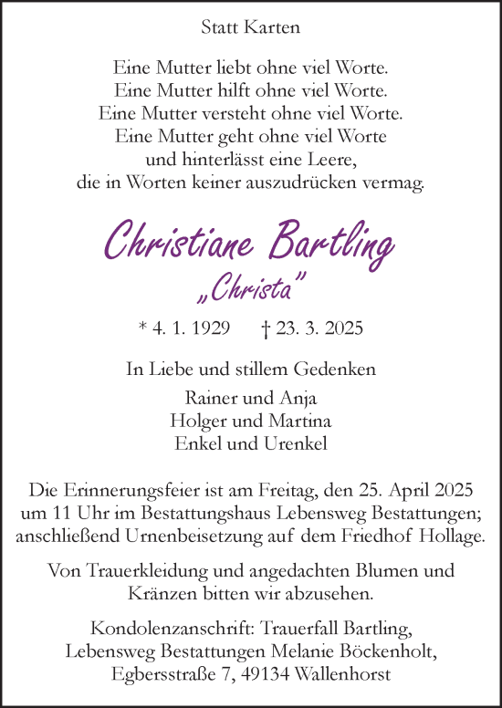 Traueranzeige von Christiane Bartling von Neue Osnabrücker Zeitung GmbH & Co. KG