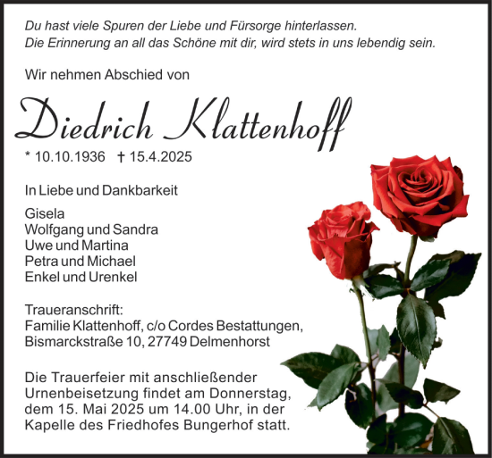 Traueranzeige von Diedrich Klattenhof von DK Medien GmbH & Co. KG