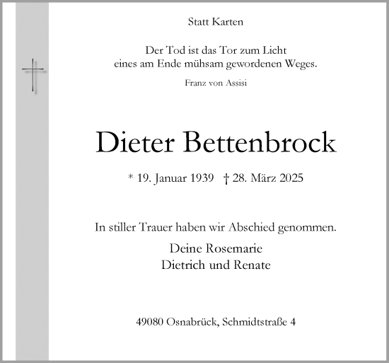 Traueranzeige von Dieter Bettenbrock von Neue Osnabrücker Zeitung GmbH & Co. KG