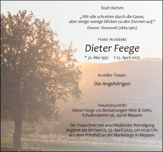 Traueranzeige von Dieter Feege von Neue Osnabrücker Zeitung GmbH & Co. KG