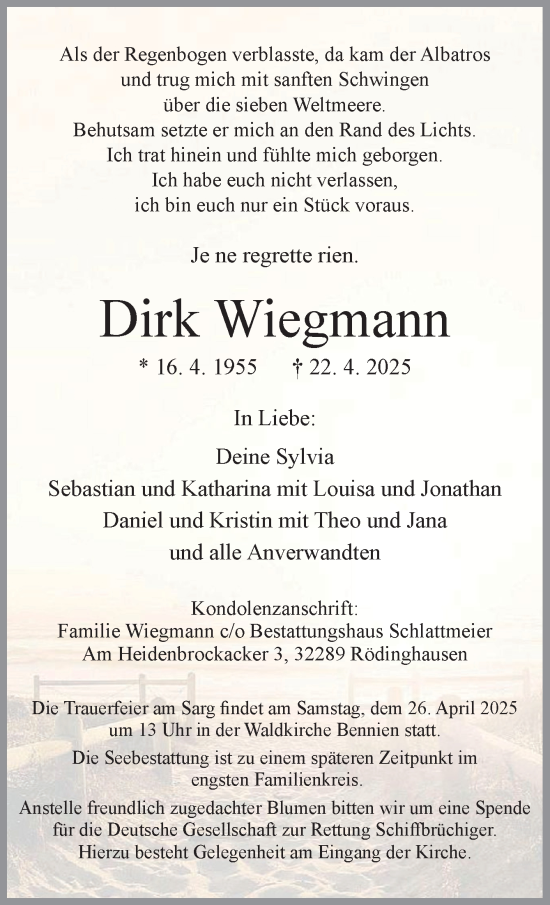 Traueranzeige von Dirk Wiegmann von Neue Osnabrücker Zeitung GmbH & Co. KG