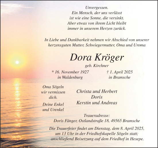 Traueranzeige von Dora Kröger von Neue Osnabrücker Zeitung GmbH & Co. KG