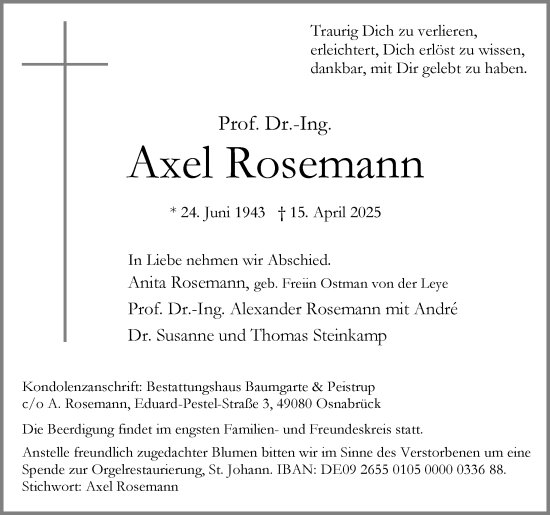 Traueranzeige von Axel Rosemann von Neue Osnabrücker Zeitung GmbH & Co. KG 