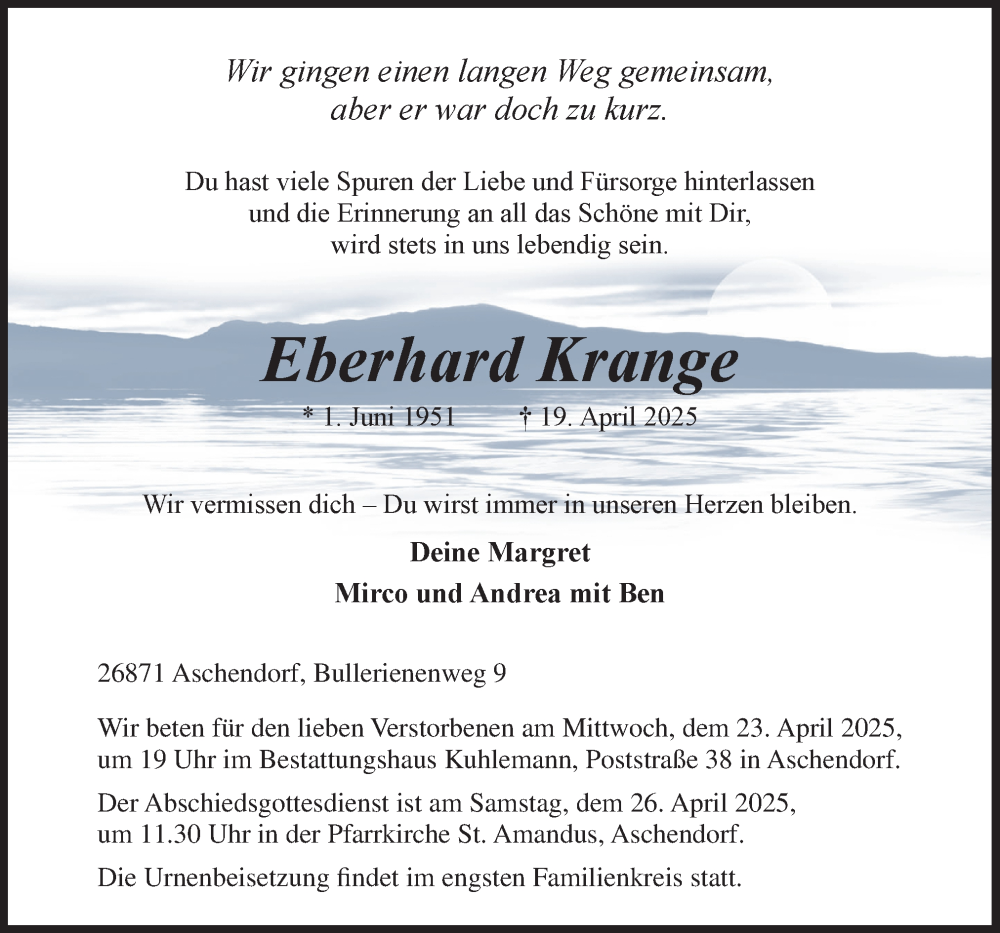  Traueranzeige für Eberhard Krange vom 22.04.2025 aus Neue Osnabrücker Zeitung GmbH & Co. KG
