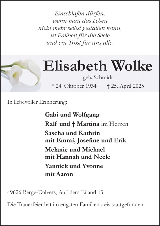 Traueranzeige von Elisabeth Wolke von Neue Osnabrücker Zeitung GmbH & Co. KG