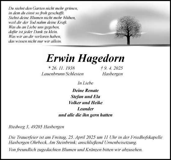 Traueranzeige von Erwin Hagedorn von Neue Osnabrücker Zeitung GmbH & Co. KG