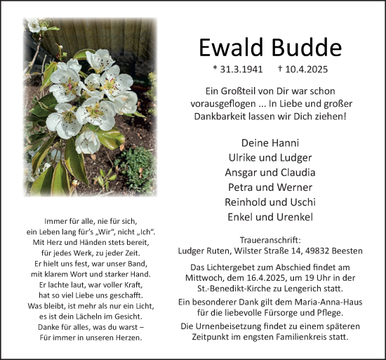 Traueranzeige von Ewald Budde von Neue Osnabrücker Zeitung GmbH & Co. KG