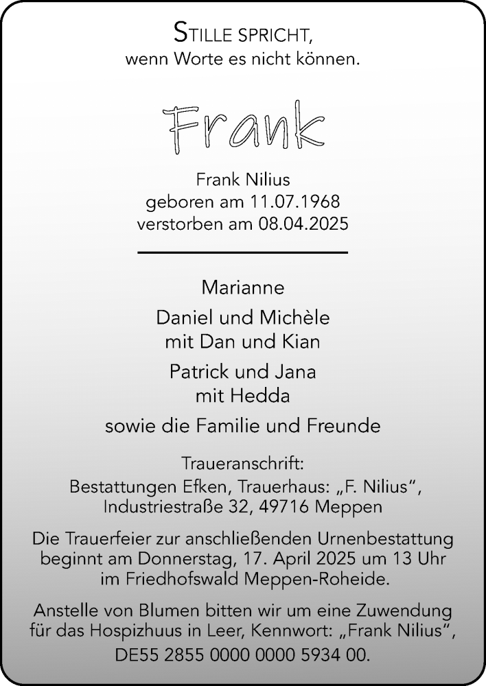  Traueranzeige für Frank Nilius vom 12.04.2025 aus Neue Osnabrücker Zeitung GmbH & Co. KG