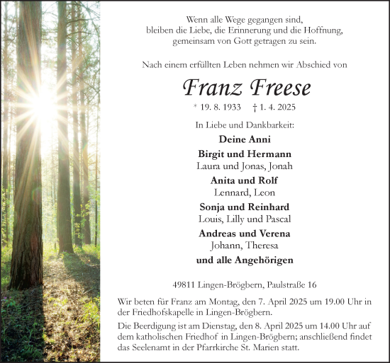 Traueranzeige von Franz Freese von Neue Osnabrücker Zeitung GmbH & Co. KG