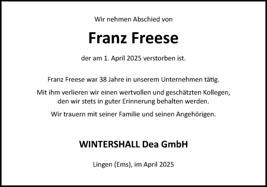 Traueranzeige von Franz Freese von Neue Osnabrücker Zeitung GmbH & Co. KG
