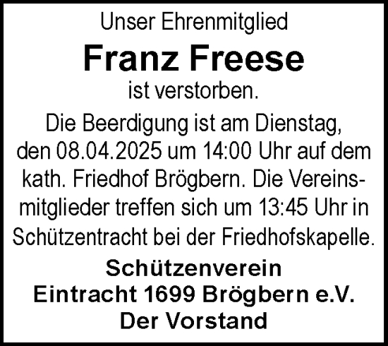 Traueranzeige von Franz Freese von Neue Osnabrücker Zeitung GmbH & Co. KG