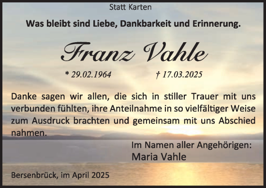 Traueranzeige von Franz Vahle von Neue Osnabrücker Zeitung GmbH & Co. KG