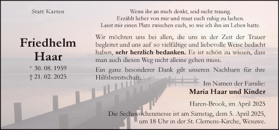 Traueranzeige von Friedhelm Haar von Neue Osnabrücker Zeitung GmbH & Co. KG