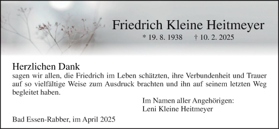 Traueranzeige von Friedrich Kleine Heitmeyer von Neue Osnabrücker Zeitung GmbH & Co. KG