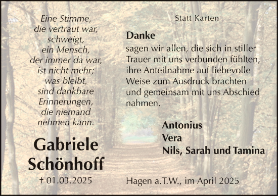 Traueranzeige von Gabriele Schönhoff von Neue Osnabrücker Zeitung GmbH & Co. KG