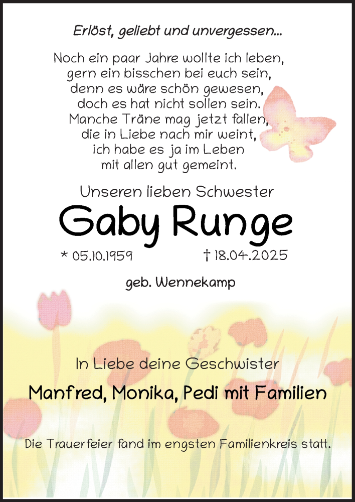  Traueranzeige für Gaby Runge vom 30.04.2025 aus DK Medien GmbH & Co. KG