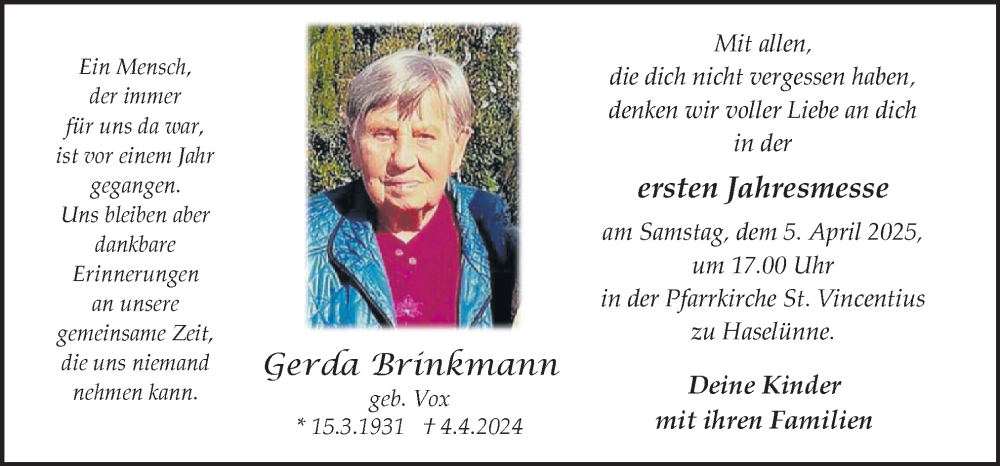  Traueranzeige für Gerda Brinkmann vom 02.04.2025 aus Neue Osnabrücker Zeitung GmbH & Co. KG