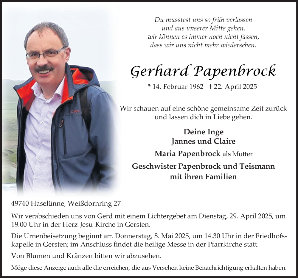  Traueranzeige für Gerhard Papenbrock vom 26.04.2025 aus Neue Osnabrücker Zeitung GmbH & Co. KG