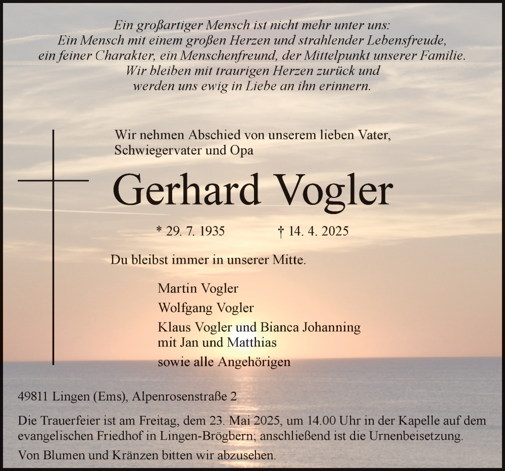  Traueranzeige für Gerhard Vogler vom 26.04.2025 aus Neue Osnabrücker Zeitung GmbH & Co. KG