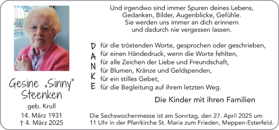 Traueranzeige von Gesine Steenken von Neue Osnabrücker Zeitung GmbH & Co. KG