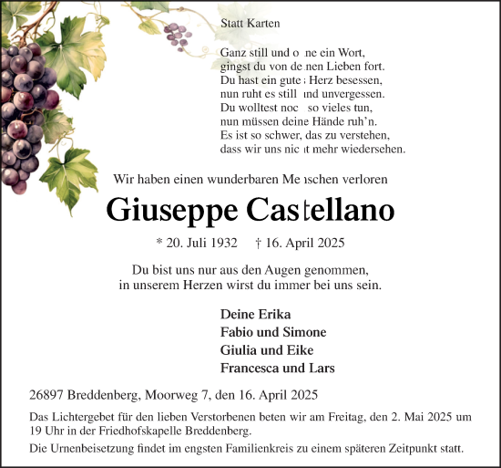 Traueranzeige von Giuseppe Castellano von Neue Osnabrücker Zeitung GmbH & Co. KG