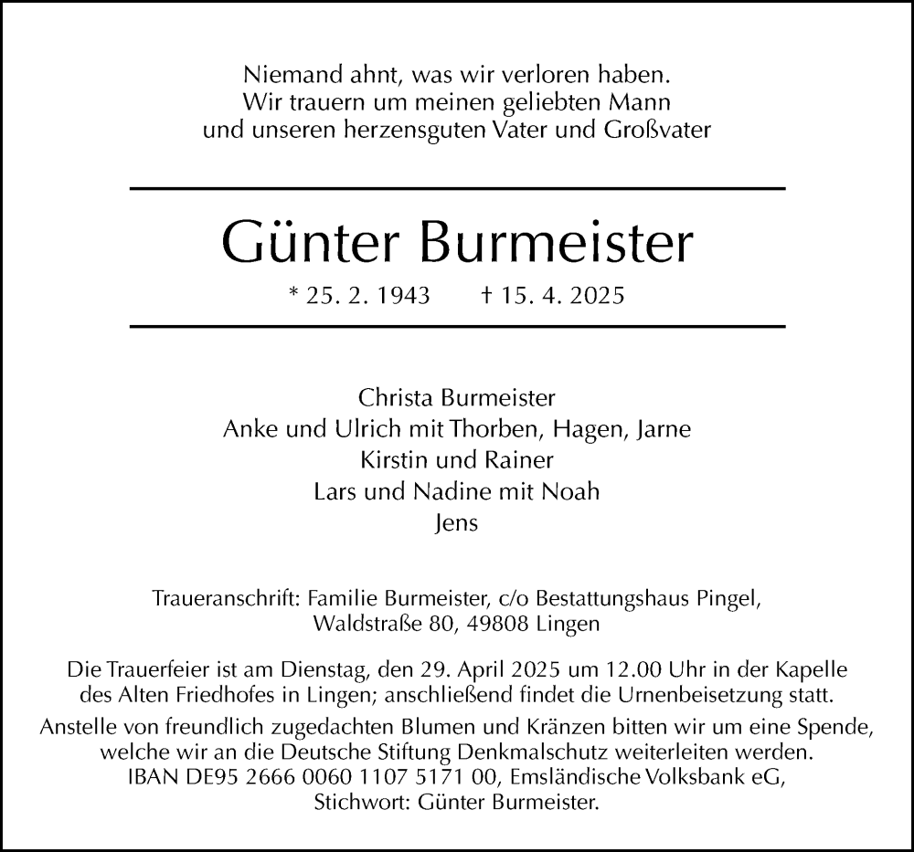  Traueranzeige für Günter Burmeister vom 26.04.2025 aus Neue Osnabrücker Zeitung GmbH & Co. KG