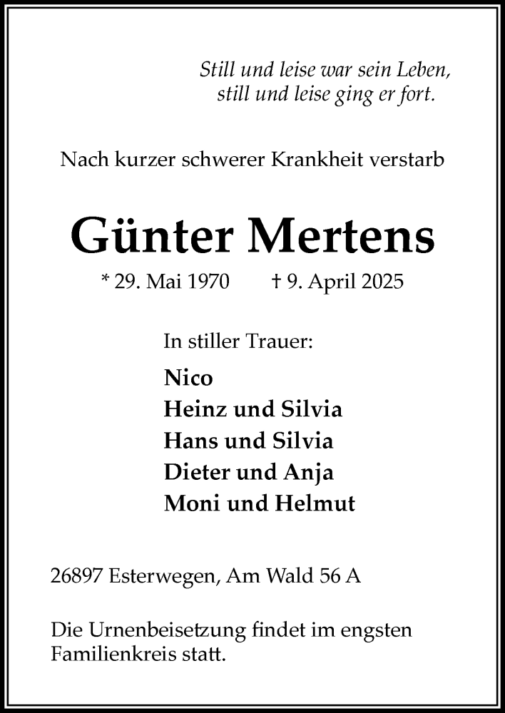  Traueranzeige für Günter Mertens vom 12.04.2025 aus Neue Osnabrücker Zeitung GmbH & Co. KG