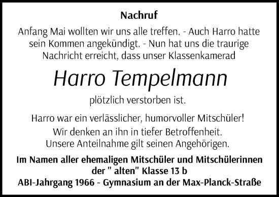 Traueranzeige von Harro Tempelmann von DK Medien GmbH & Co. KG