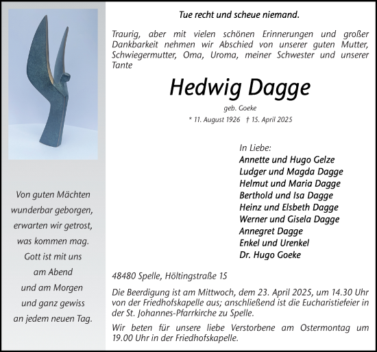 Traueranzeige von Hedwig Dagge von Neue Osnabrücker Zeitung GmbH & Co. KG