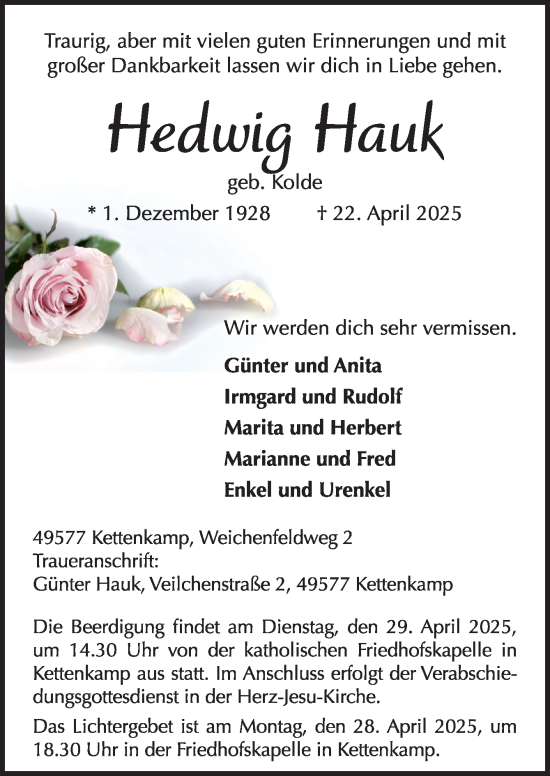 Traueranzeige von Hedwig Hauk von Neue Osnabrücker Zeitung GmbH & Co. KG