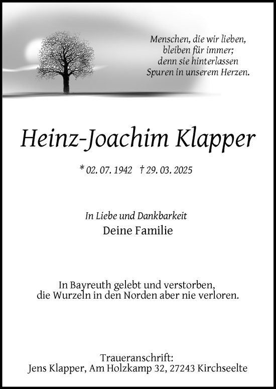 Traueranzeige von Heinz-Joachim Klapper von DK Medien GmbH & Co. KG