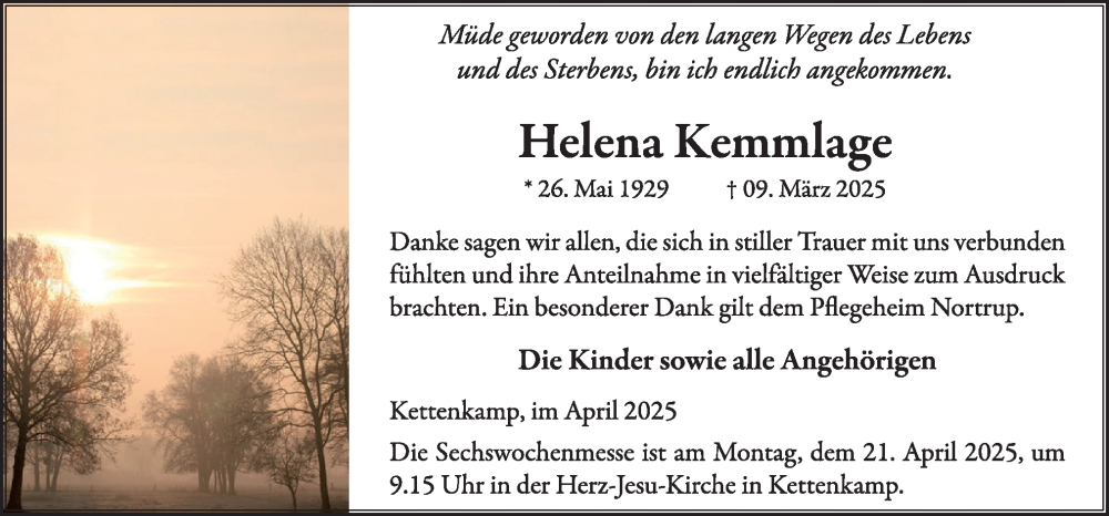  Traueranzeige für Helena Kemmlage vom 19.04.2025 aus Neue Osnabrücker Zeitung GmbH & Co. KG