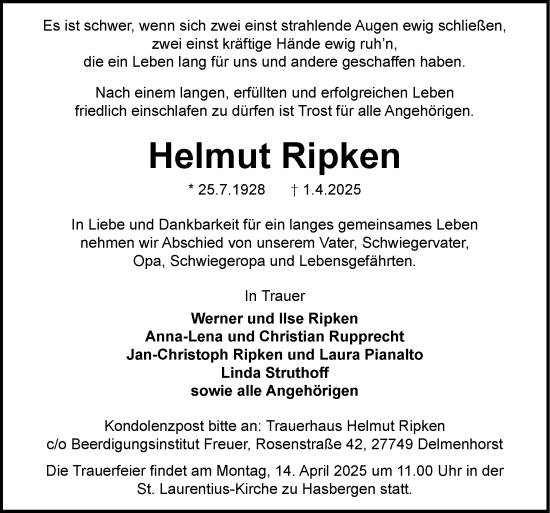 Traueranzeige von Helmut Ripken von DK Medien GmbH & Co. KG