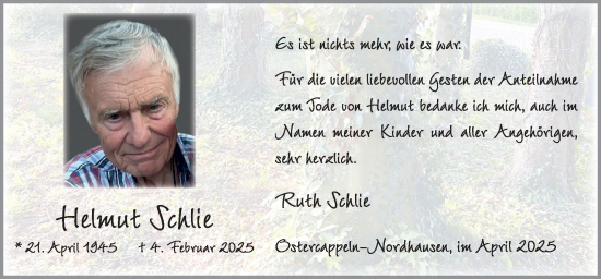 Traueranzeige von Helmut Schlie von Neue Osnabrücker Zeitung GmbH & Co. KG